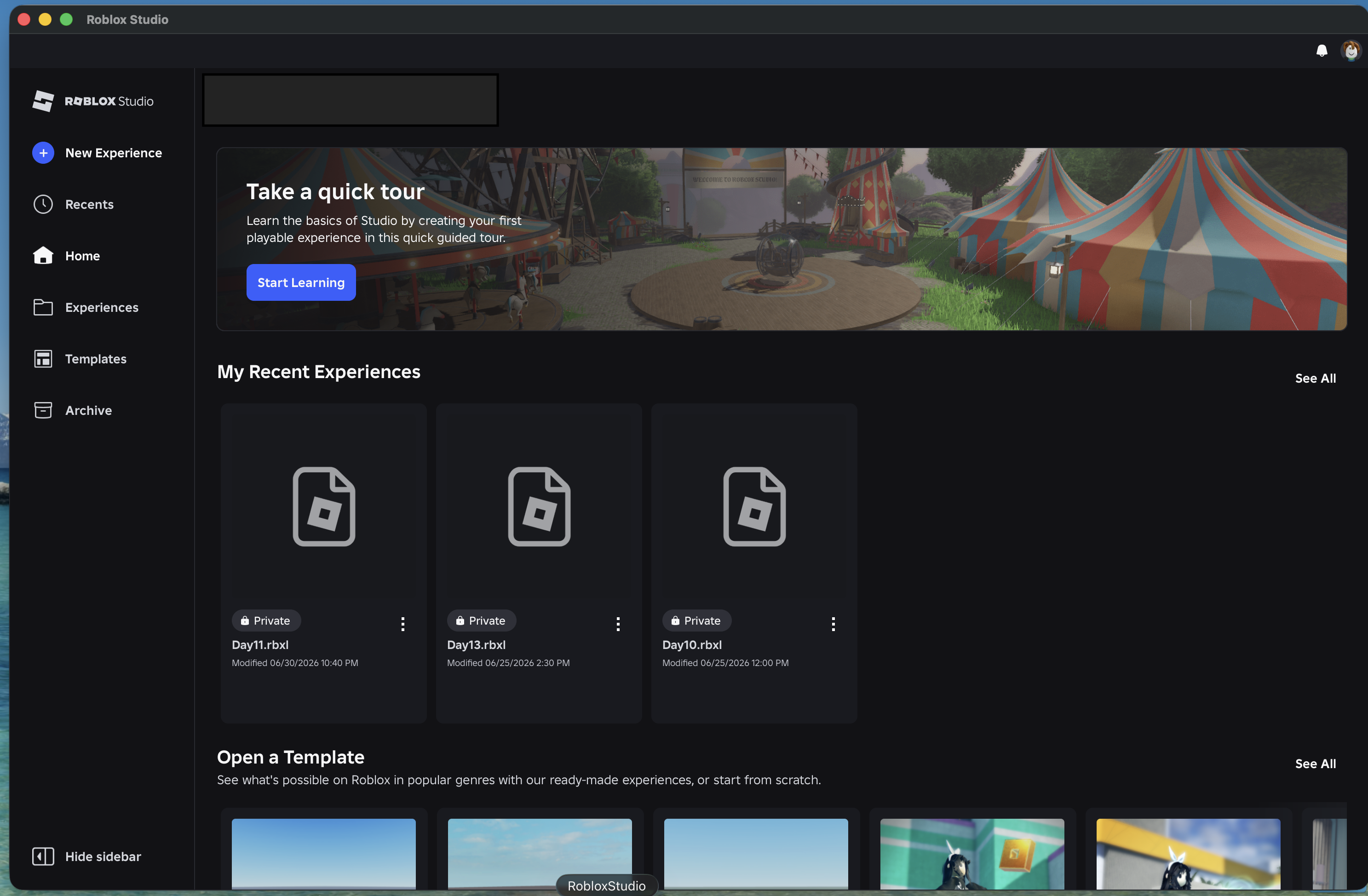 MacでRoblox Studioを起動したホーム画面