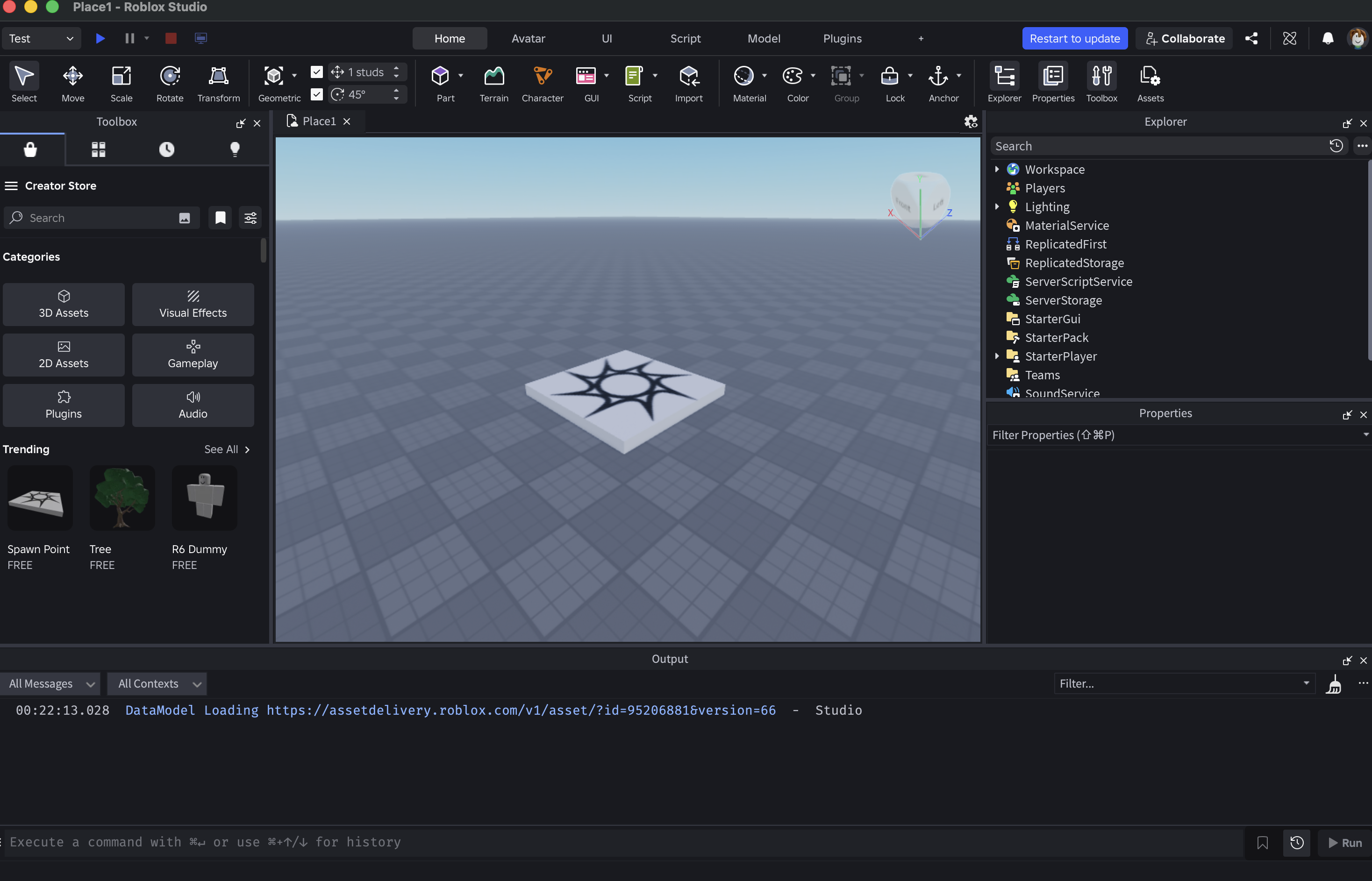Mac版Roblox StudioでBaseplateを開いた制作画面
