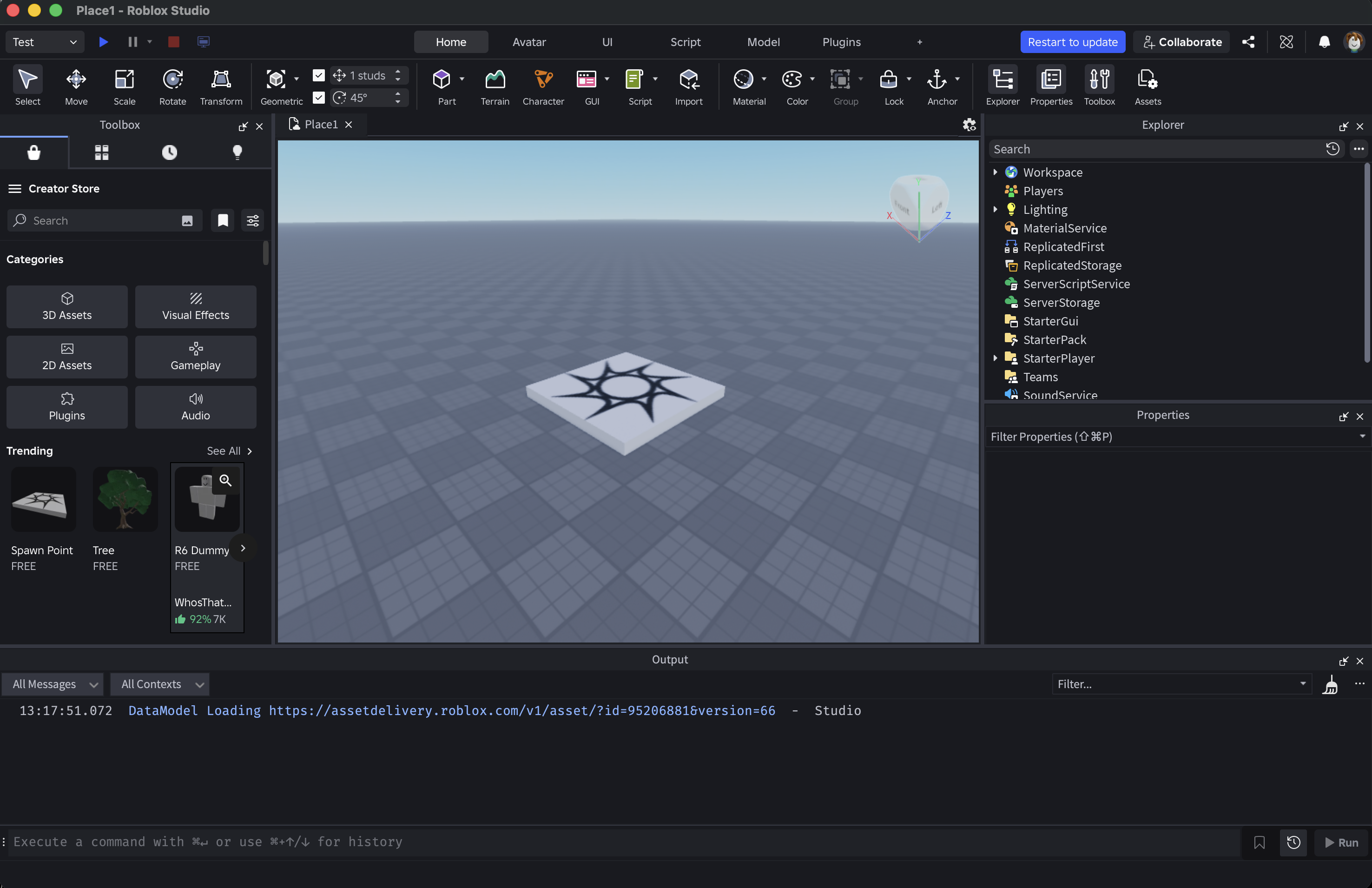 Roblox StudioのExplorer、Properties、Outputが表示された画面