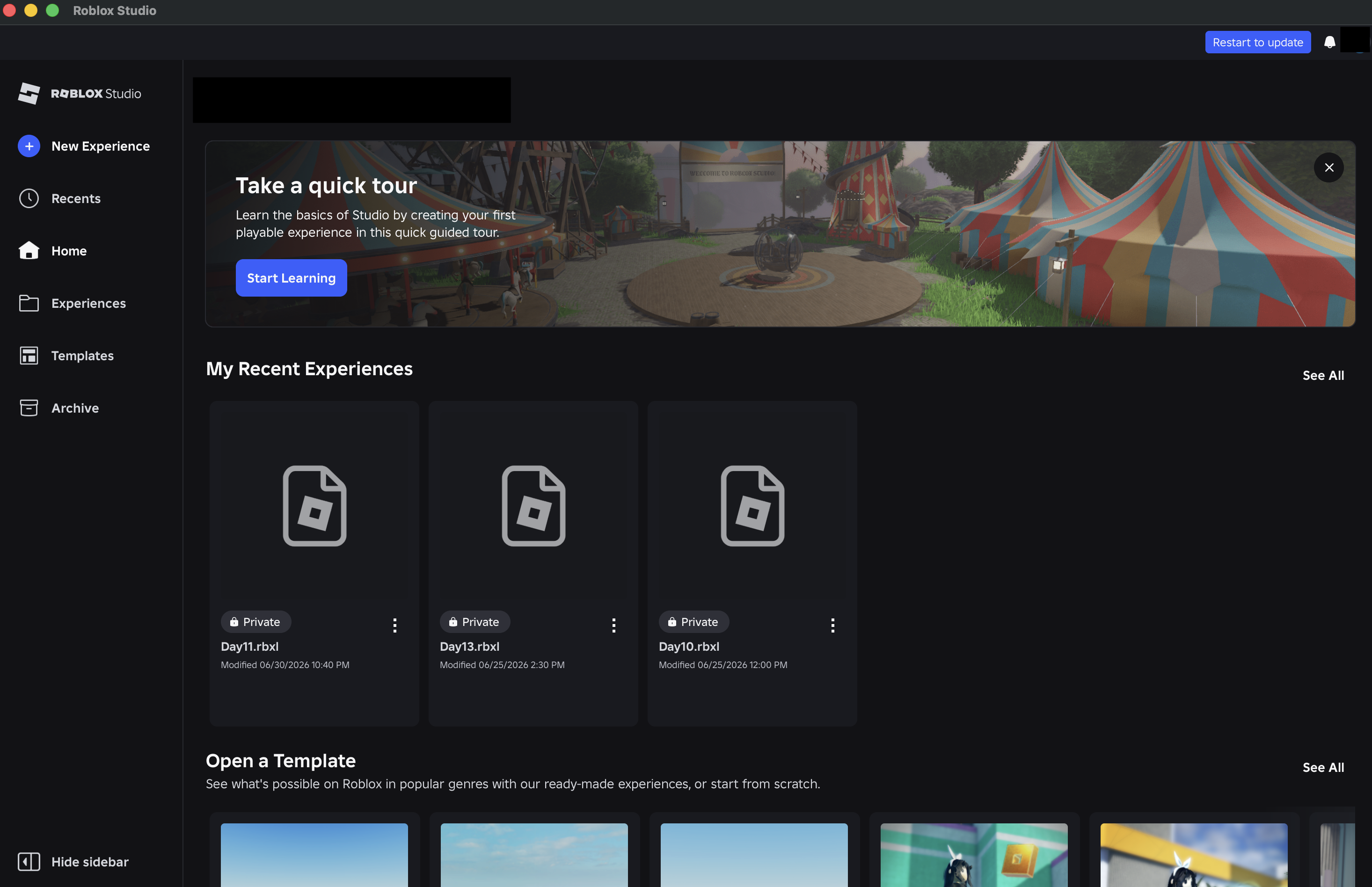Roblox Studioを起動した直後のホーム画面