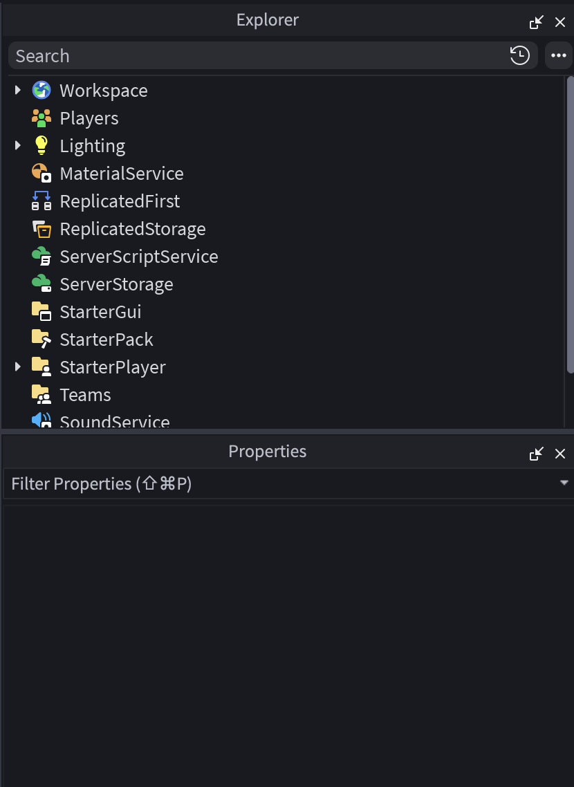 Roblox StudioのExplorerとProperties画面