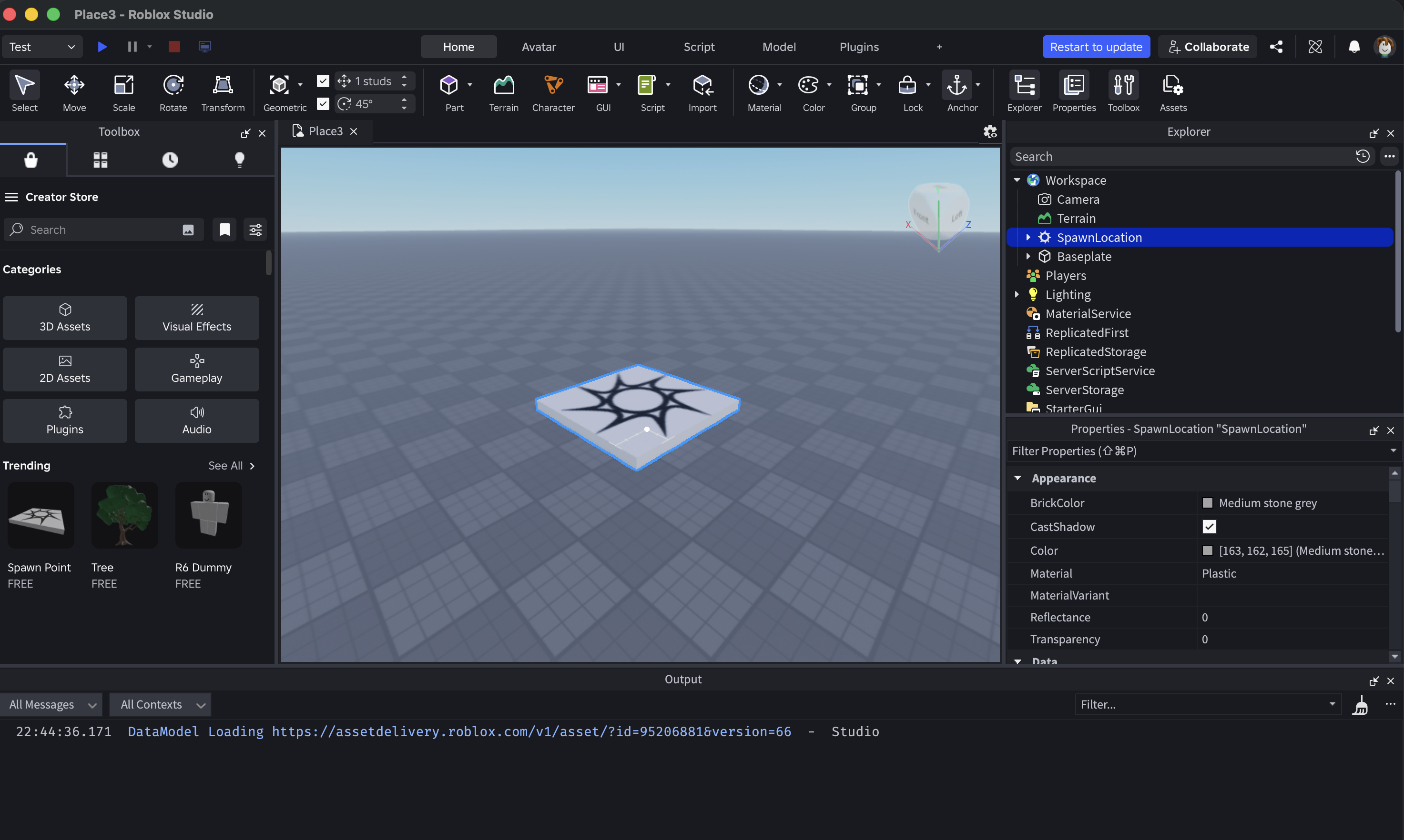 Roblox StudioでSpawnLocationを選択した画面