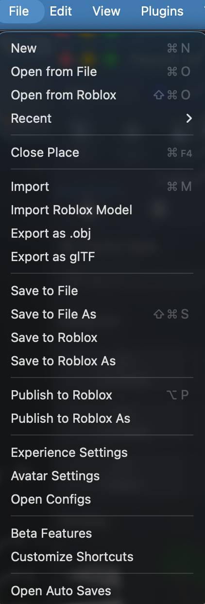 Roblox StudioのFileメニューにあるSaveとPublish